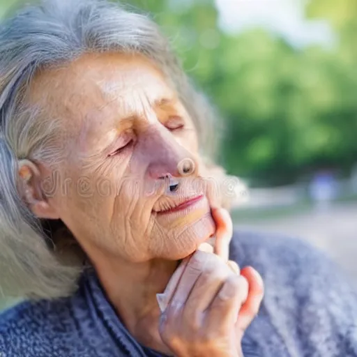 Image similar to an older woman sitting in a park wearing a thin translucent oxygen line under her nose, 4 k, stock photo