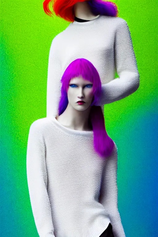 Image similar to stylish pullover for a rave bright colors, many details, photo for a magazine, photo for a store, fashion photography, Vogue, cinematic, hyper realism, high detail, 8k, very coherent symmetrical work, perfect face model, full length photo, Upper and lower body, white eyes, photographer style by Nik Night Erik Madigan Hec and Walter Chin and Camilla Akrans and Miles Aldridge