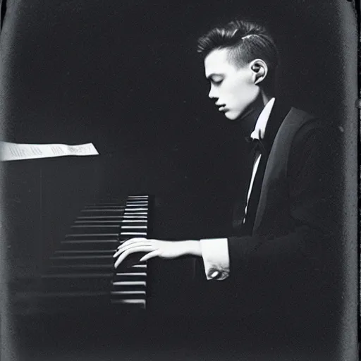 Image similar to attractive male, playing piano, low - key lighting, vaporwave, daguerrotype