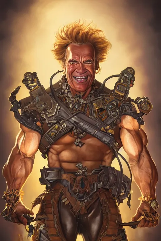 Image similar to portrait of arnold schwarzenegger as junkrat from overwatch, full body, fantasy, intricate, elegant, highly detailed, digital painting, artstation, concept art, sharp focus, illustration, art by artgerm and greg rutkowski and alphonse mucha