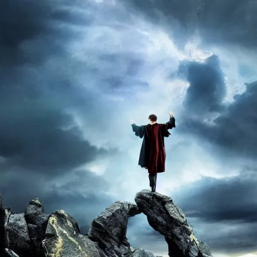 Image similar to Harry potter upright and levitating, back view, thunderclouds, cinematic shot, epic scale, waving robe, wand, photorealistic detail and quality, extremely intricate stone quality, movie still, nighttime, crescent moon, sharp and clear, action shot, intense scene, visually coherent, symmetry, rule of thirds, movement, vivid colors, cool colors transitioning to warm colors, award winning, directed by Steven Spielberg, Christopher Nolan, Tooth Wu, Asher Duran, Greg Rutkowski