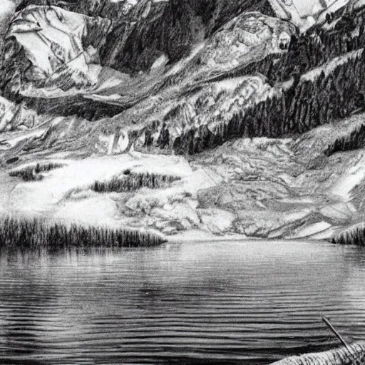 Image similar to lago di sorapis, hyper - realistic black and white drawing, hyper detailed