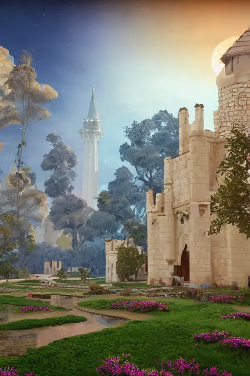 Image similar to view of the white tower of the moon in its gardens after a storm, fairytale illustration, tall windows, beautiful moorish tiles, dramatic cinematic lighting, rich colors, golden age illustration, by Sylvain Sarrailh and Nicholas Roerich and Ludwig Deutsch, unreal engine