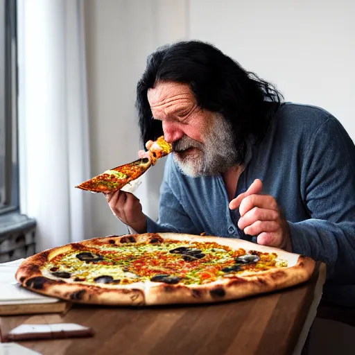 Image similar to a grumpy old danish man with long black hair eating pizza while DMing an AD&D game, D&D, rogue, dark hair, skinny, middle aged, D&D dice on table, papers on table, character sheets on table, natural lighting, black hair