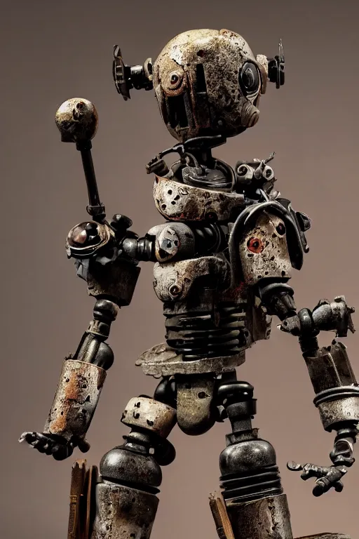 Prompt: a closeup shot of a beautiful art toy figurine by ashley wood and world of aaa, rusty robot, threea toys, intricate dark background, dramatic light