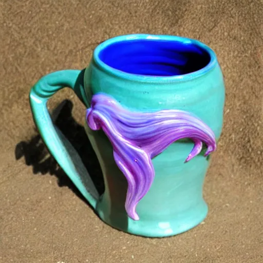 Image similar to a ceramic mermaid sculpture mug, creative, beautiful, award winning design, functional, colorful