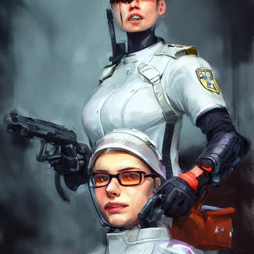 Prompt: gordon freeman as an attractive young smiling woman dressed as a metrocop, hd shot, digital portrait, beautiful, artstation, comic style, by artgerm, guy denning, jakub rozalski and charlie bowater