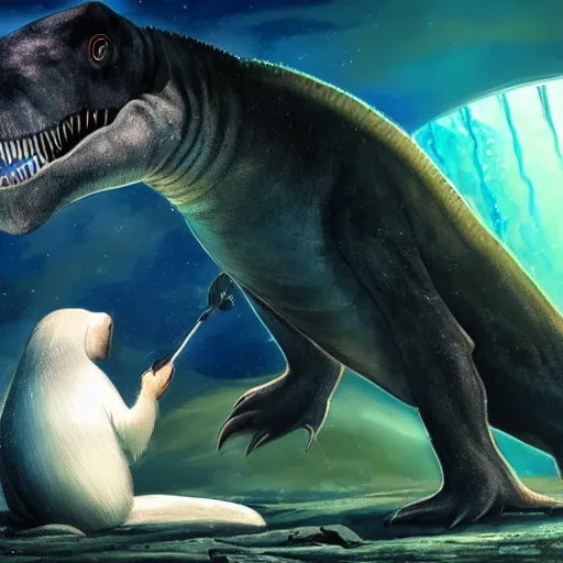 Image similar to a tyrannosaurus eating a baby harp seal, tropical jungle alien planet, genndy tartakovsky, primal, scary lighting, clear focus, very coherent