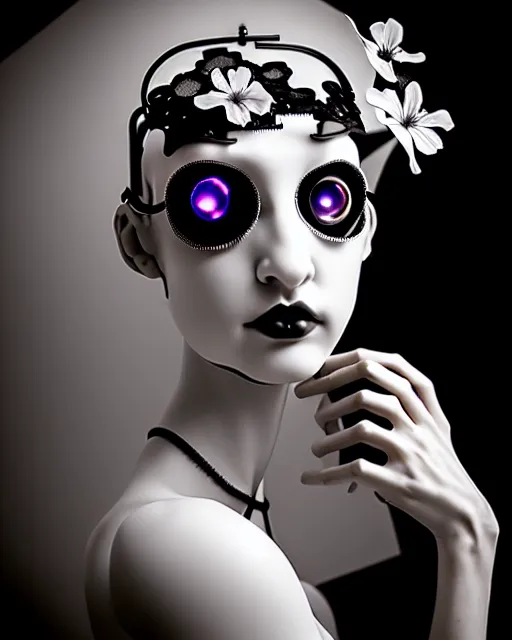 Image similar to black and white dreamy foggy poetic smoky profile face portrait, one silver steampunk realistic eye biomechanical beautiful angelic young female cyclope - cyborg - robot bust, body ribs meshes,, volumetric light, hibiscus flowers, by dora maar, rim light, big gothic fashion pearl embroidered collar, 8 k