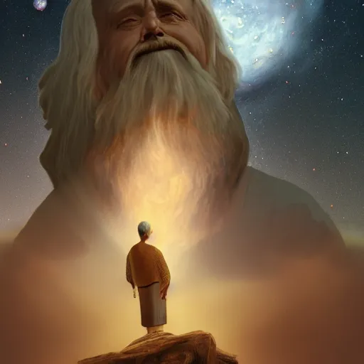 Image similar to a divine old man looking out over the universe, solemn, melancholy, trending on artstation, beautiful matte painting