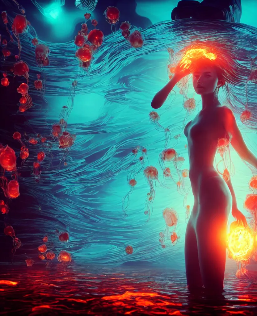 Image similar to close-up portrait of a beautiful girl floating in ethereum surrounded by floating jellyfish, energy flows of fire and water, flashes of plasma, 3d with depth of field, blurred background, a highly detailed epic cinematic concept art CG render. made in Maya, Blender and Photoshop, octane render, excellent composition, cinematic dystopian brutalist atmosphere, dynamic dramatic cinematic lighting, aesthetic, very inspirational, arthouse. y Greg Rutkowski, Ilya Kuvshinov, WLOP, Stanley Artgerm Lau, Ruan Jia and Fenghua Zhong