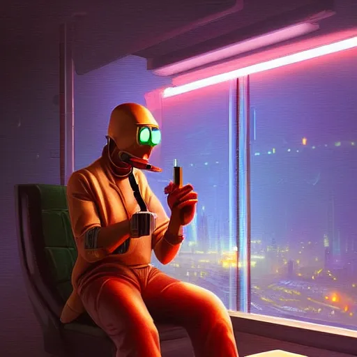 Image similar to An android smoking a cigar in a cyberpunk setting by Evgeny Lushpin, Trending on Artstation, 1980s Computer Graphics