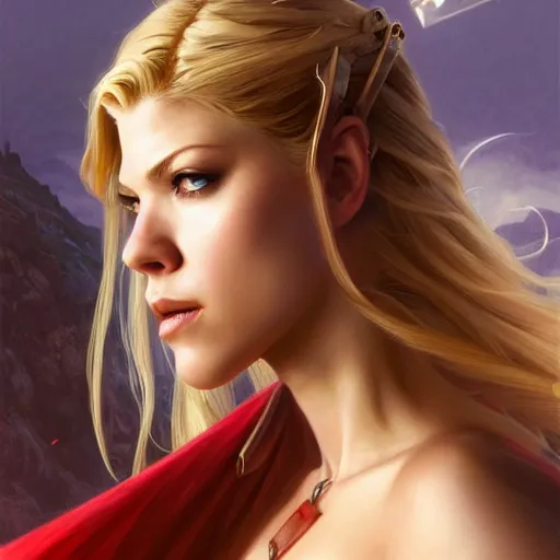 Prompt: beautiful Katheryn Winnick as Super Girl, western, closeup, D&D, fantasy, intricate, elegant, highly detailed, digital painting, artstation, concept art, matte, sharp focus, illustration, art by Artgerm and Greg Rutkowski and Alphonse Mucha