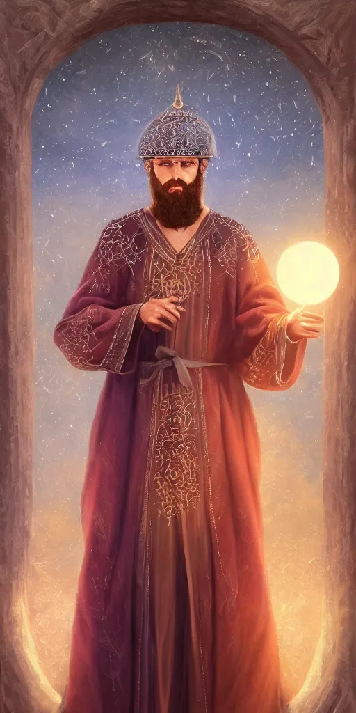 Image similar to adult wizard wearing a byzantine hat and a robe with star and moon pattern, handsome face, focus eyes, hyperrealistic, large star crystals, symmetry, ultra realistic soft painting, full body, fantasy, intricate, elegant, highly detailed, digital painting, artstation, concept art, matte, illustration, 8 k