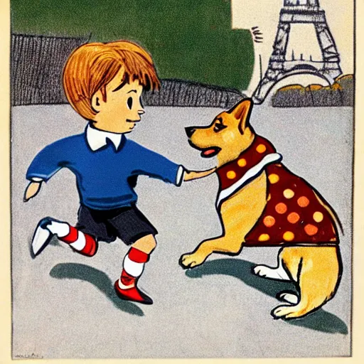 Image similar to book illustration of a french boy on the streets of paris playing football against a corgi, the dog is wearing a polka dot scarf, 1 9 6 6