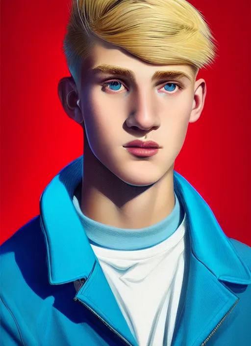 Image similar to portrait of a high school senior boy named moose mason, blonde short hair, jock, beefy, square jaw, square facial structure, 1 9 5 0 s, blue varsity jacket, intricate, elegant, glowing lights, highly detailed, digital painting, artstation, concept art, smooth, sharp focus, illustration, art by wlop, mars ravelo and greg rutkowski