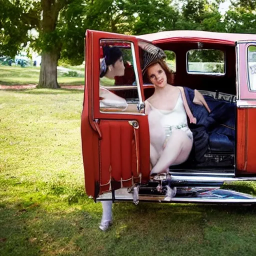 Prompt: a man opening the door of a vintage car to let a woman come out, in the style of pre-raphaelites