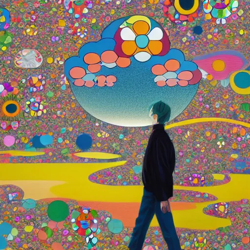 Image similar to a man walking on clouds away from the camera above kyoto by takashi murakami, beeple and james jean, aya takano color style, 4 k, super detailed, modern, 4 k, symmetrical