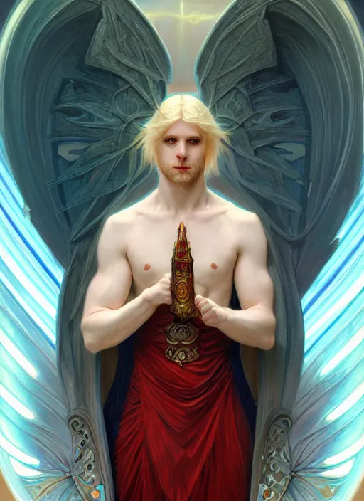 Image similar to the pale blond male angel of battle lucius smirking, sci fi, glowing eyes, volumetric lights, red and cyan theme, art nouveau botanicals, intricate, highly detailed, digital painting, artstation, concept art, smooth, sharp focus, cinematic, illustration, beautiful face, art by artgerm and greg rutkowski and alphonse mucha