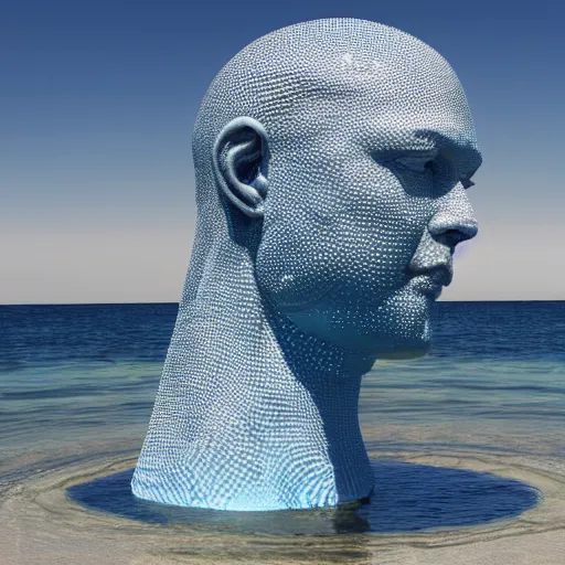 Image similar to a giant sculpture of water in the shape of a human head, on the ocean water, cinematic, in the style of johnson tsang, long shot, hyper detailed, hyper realistic, ray tracing, 8 k resolution, sharp focus, realistic water, award winning