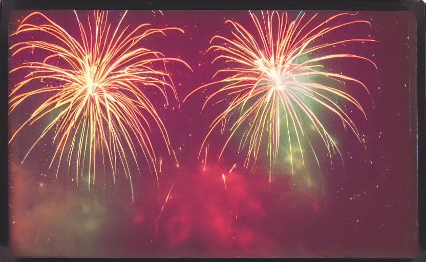 Prompt: analog polaroid of colourful fireworks in a dark sky, sparkly, shiny, lens flare