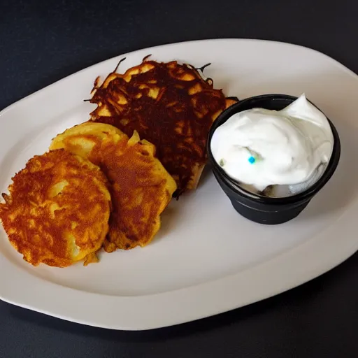 Image similar to A professional photo of a plate with potato pancakes and sour cream in a very expensive restaurant