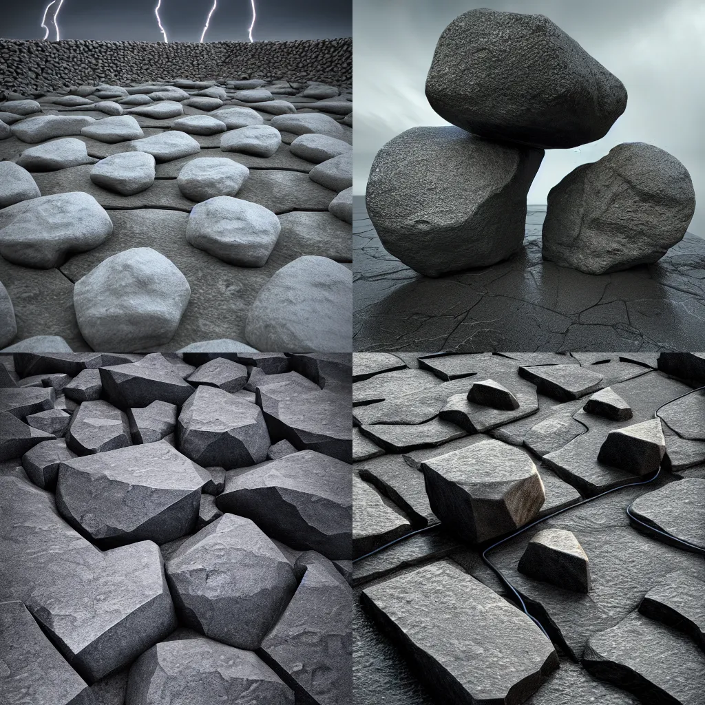 Prompt: basalt stone, thunder, moonless night, stormy weather, electricity runs between the stones, digital art, rendered in unreal engine, v - ray, volumetric shadows, featured on artstation, daily deviation, detailed, sharp focus