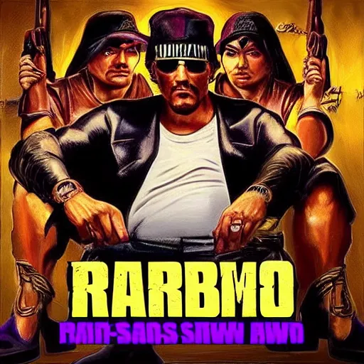 Prompt: Rambo as a Saint's Row mafia boss, portrait, colorful, gold and purple, n 2