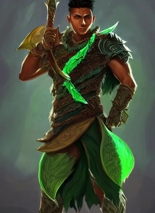 Image similar to a highly detailed illustration of fierce attractive young tanned short haired tribal latino boy wearing green wolf cape, heroic wielding sword pose, muscular, intricate, elegant, highly detailed, centered, digital painting, artstation, concept art, smooth, sharp focus, league of legends concept art, wlop