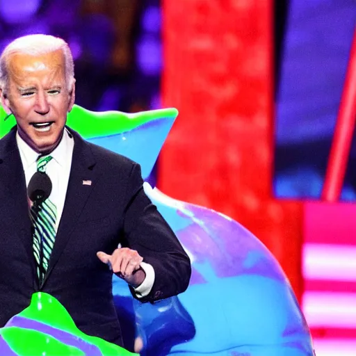 Image similar to joe biden getting slimed at the kids choice awards, dynamic, cinematic photo