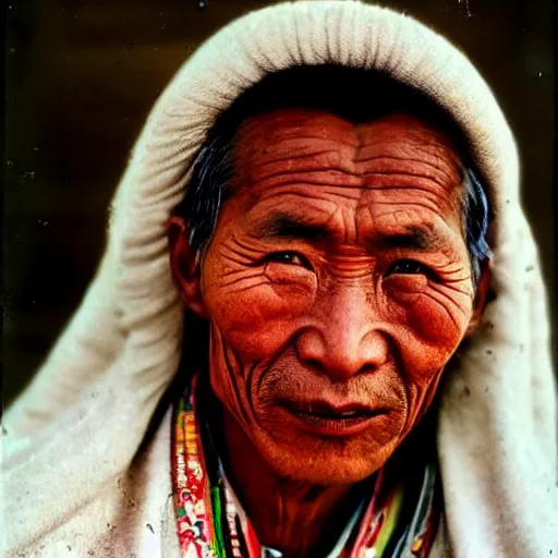 Image similar to very precise and detailed ultra realistic vintage photo portrait of a tibetan man, by Annie Leibovitz, spiral hole on the forehead