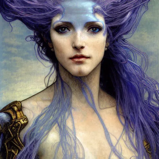 Image similar to half - length portrait of a female lightning genasi with blue skin and white hair made of sirrus clouds, wearing billowing white robes, holding a bolt of lighting, medieval, fantasy, d & d, luis royo, klimt, alphonse mucha