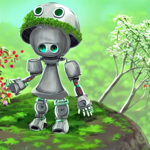 Image similar to cute robot made of plants wearing tomato hat and a chive sword, made in abyss style