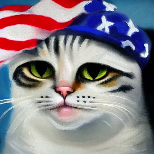 Prompt: A cat wearing a beret with the American flag on it, oil Painting, ultradetailed, artstation