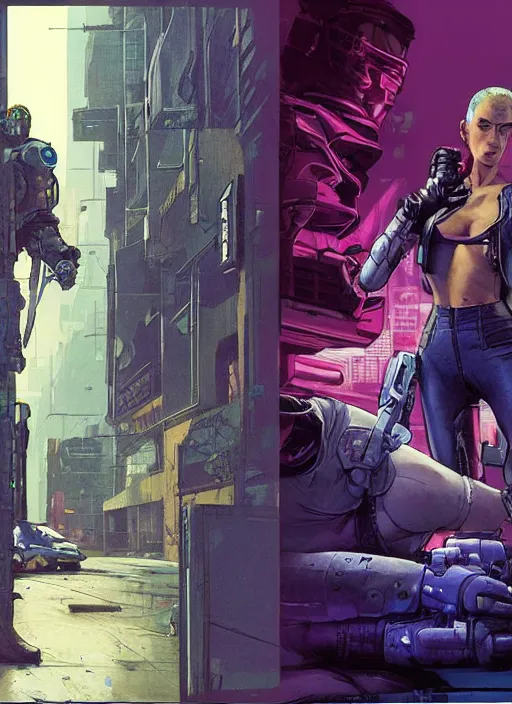 Prompt: cyberpunk mercenary vs assassin. portrait by mœbius and will eisner and gil elvgren and pixar. realistic proportions. cyberpunk 2 0 7 7, apex, blade runner 2 0 4 9 concept art. cel shading. attractive face. thick lines.