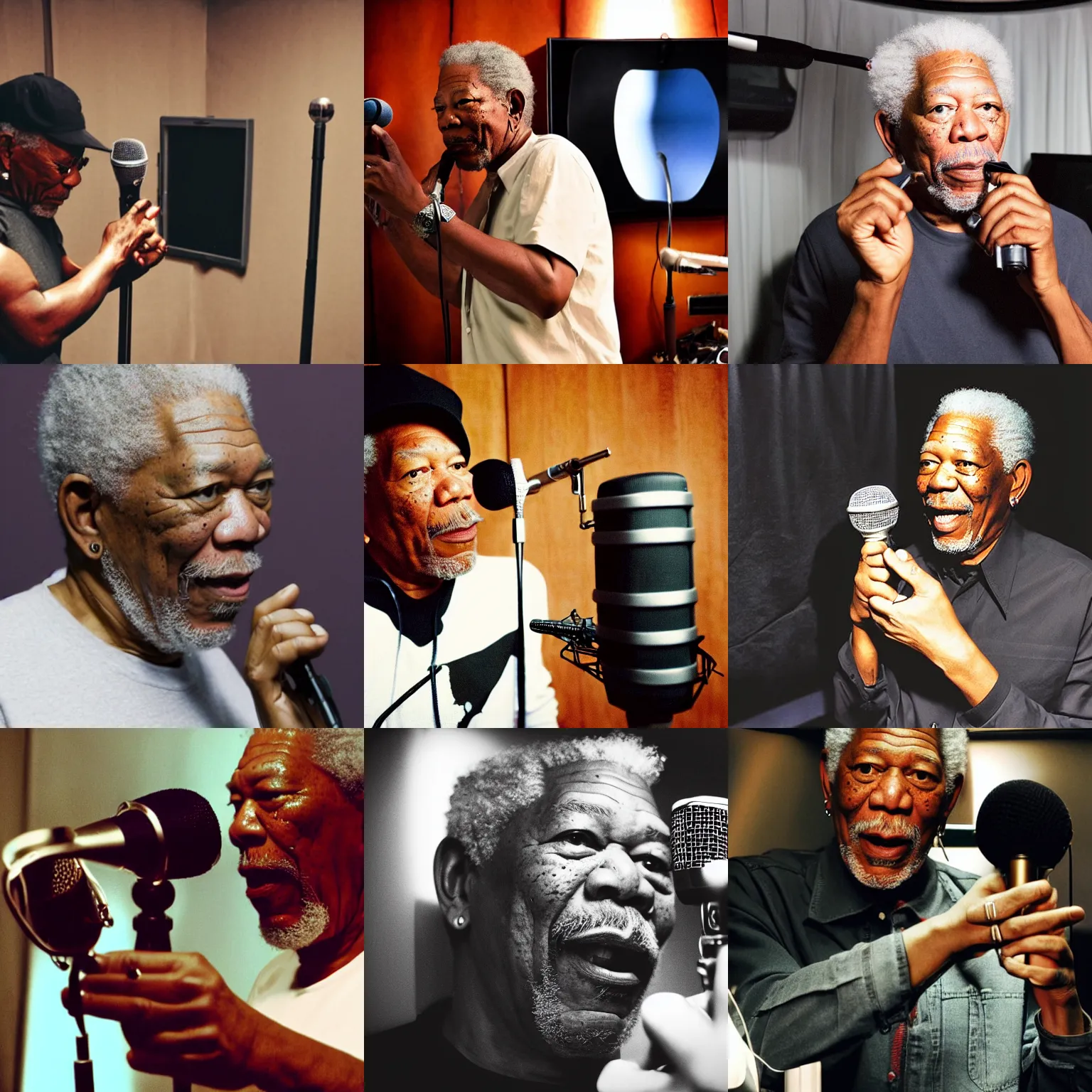 Prompt: a 2 0 2 2 iphone camera photograph of morgan freeman rapping into a condenser mic in a vocal booth