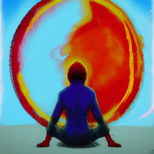 Prompt: shaman chakra telekinesis red artificer Killua Zoldyck wearing crimson sweatshirt brandishes a blue atomic orb meditation norman ackroyd jim lambie greg rutkowski rothko tombow