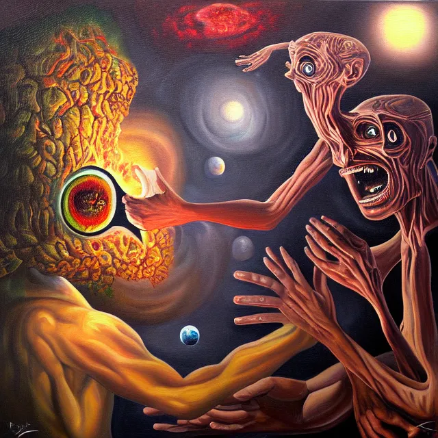 Prompt: an oil on canvas portrait painting of a man meeting a demon, polycount, surrealism, surrealist, cosmic horror, high detail