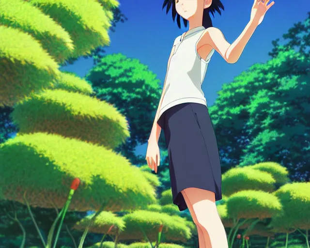 Image similar to hinata hyuga, park in background, bokeh. anime masterpiece by Studio Ghibli. illustration, sharp high-quality anime illustration in style of Ghibli, Ilya Kuvshinov, Artgerm