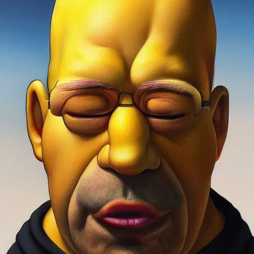 Image similar to beautiful realistic portrait of homer simpson, yellow skin by artgerm, leonardo di vinci