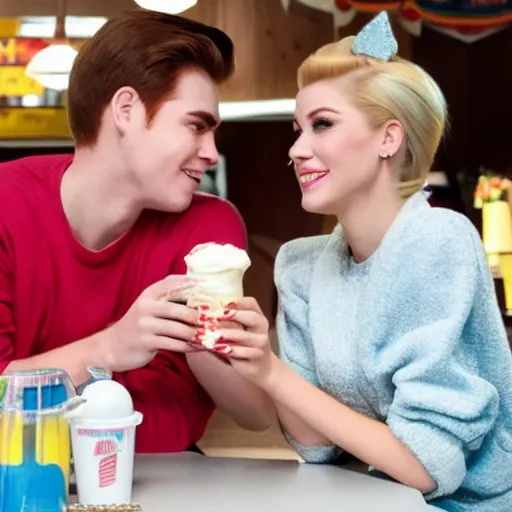 Image similar to Archie Andrews sharing a milkshake with Betty Cooper