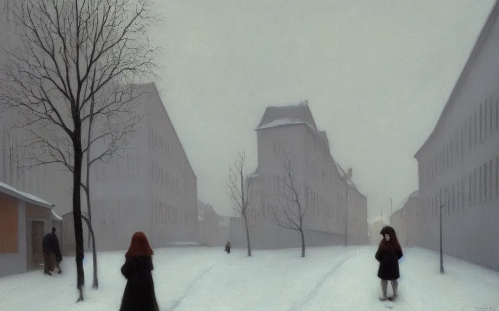 Image similar to a painting of sad little redhead lady in a winter street in norway, oil on canvas, by hammershoi