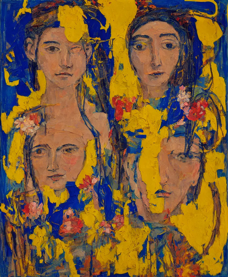 Prompt: portrait of a priestess with flowers in her hair and a candle in her hand, yellow and blue ribbons, expressive abstractionism, many small saturated hard relief strokes of oil on canvas with high detail