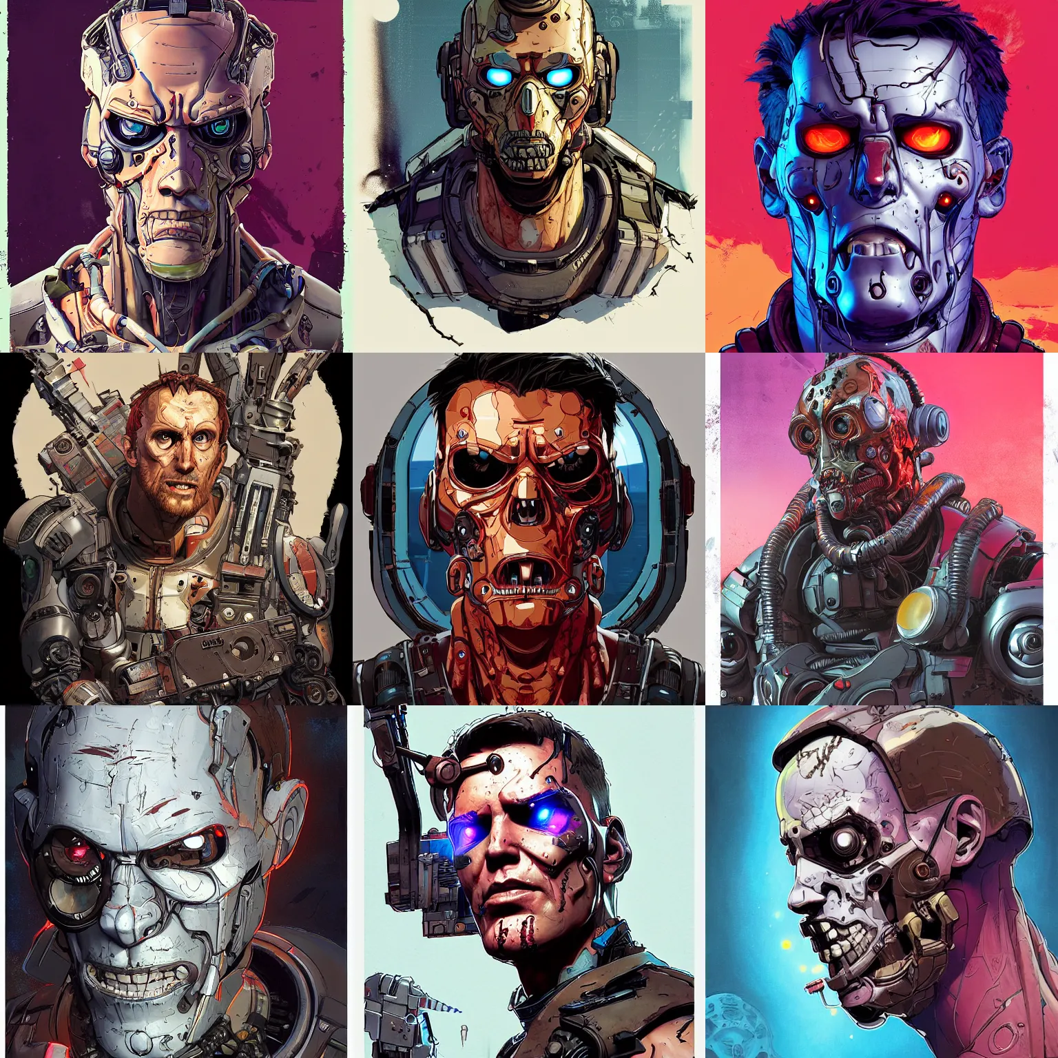 Prompt: a study of cell shaded portrait of james cameron cyborg terminator as Borderlands 3 concept art, llustration, post grunge, concept art by josan gonzales and wlop, by james jean, Victo ngai, David Rubín, Mike Mignola, Laurie Greasley, highly detailed, sharp focus, alien, Trending on Artstation, HQ, deviantart, art by artgem