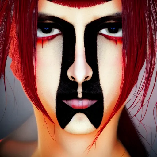 Image similar to egiptian girl with red short red and black hair, portrait, hd, 8k, symmetric, accurate