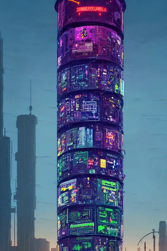 Image similar to cyberpunk tower made out of billions of stacked computer screens by simon stalenhag and dan mumford