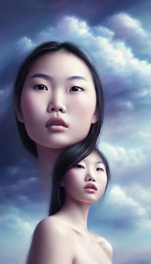 Image similar to photo of a gorgeous young asian girl , searching for eternity, made of clouds, duality in the style of stefan kostic, hyper realistic, sharp focus, 8k high definition, high fashion, vogue, insanely detailed, intricate, elegant, art by stanley lau and artgerm