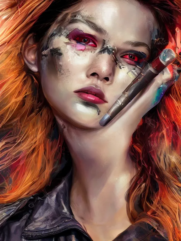 Image similar to digital illustration of a girl with eyes that burn like cigarettes wearing a short skirt and a long jacket with fingernails that shine like justice, dramatic lighting, photorealistic, full body shot, full body portrait, extreme detail, 4 k, colorful, artgerm and craig mullins, detailed face, m f / 2. 8