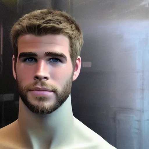 Image similar to “ a realistic detailed photo of a guy who is an attractive humanoid who is half robot and half humanoid, who is a male android, actor liam hemsworth, shiny skin, posing like a statue, blank stare, at the museum, on display ”