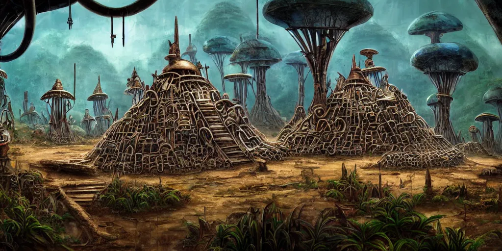 Image similar to a chrome bot with conical drills, in a jungle village of mushroom dwellings, matte oil painting, badlands, retrofuturistic, science fantasy, salt dunes, rusted, mutant, lgbt, queer, rpg, epic, dungeons & dragons, sacred, sharp focus, award - winning, extremely detailed, 4 k, 8 k